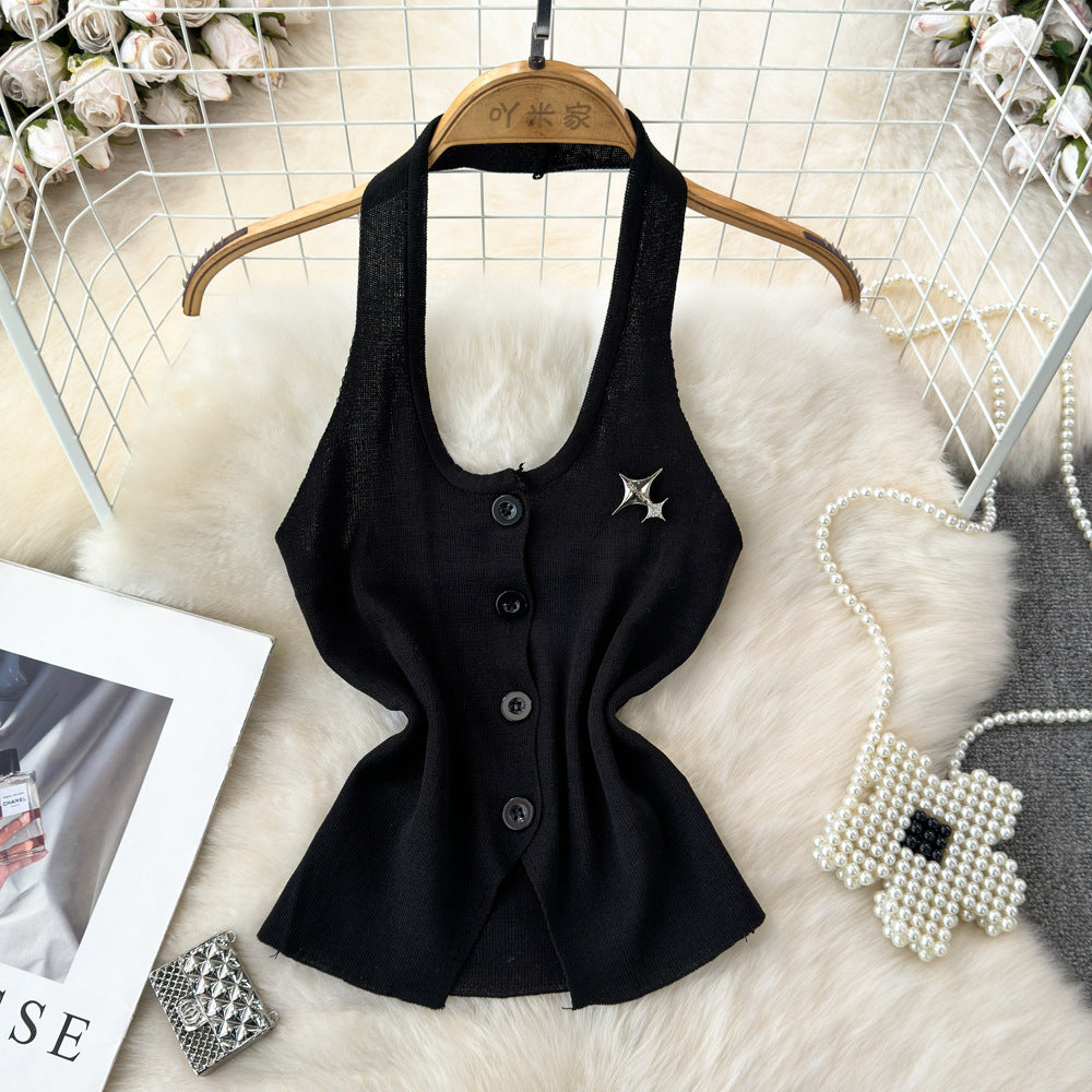 Fashionsense halterbackless single breasted silmslimming lookknitting vest women's outwear western style bottom shirt tops