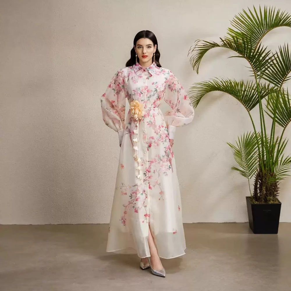 Vintage court style printed bubble sleeve dress - women's autumn tie-waist unique beautiful ethereal maxi dress