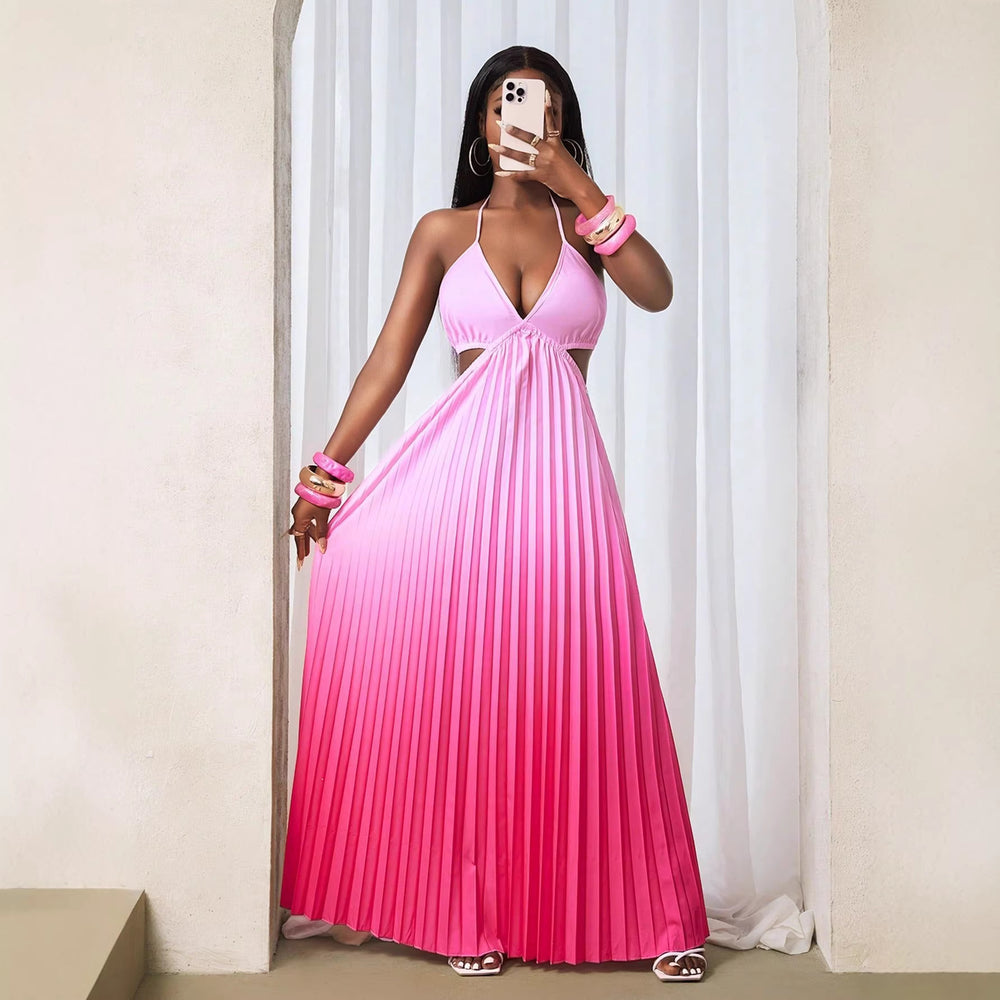 European and american export women's clothing  new elegant backless tie-up halter strapless pleated gradient color dress