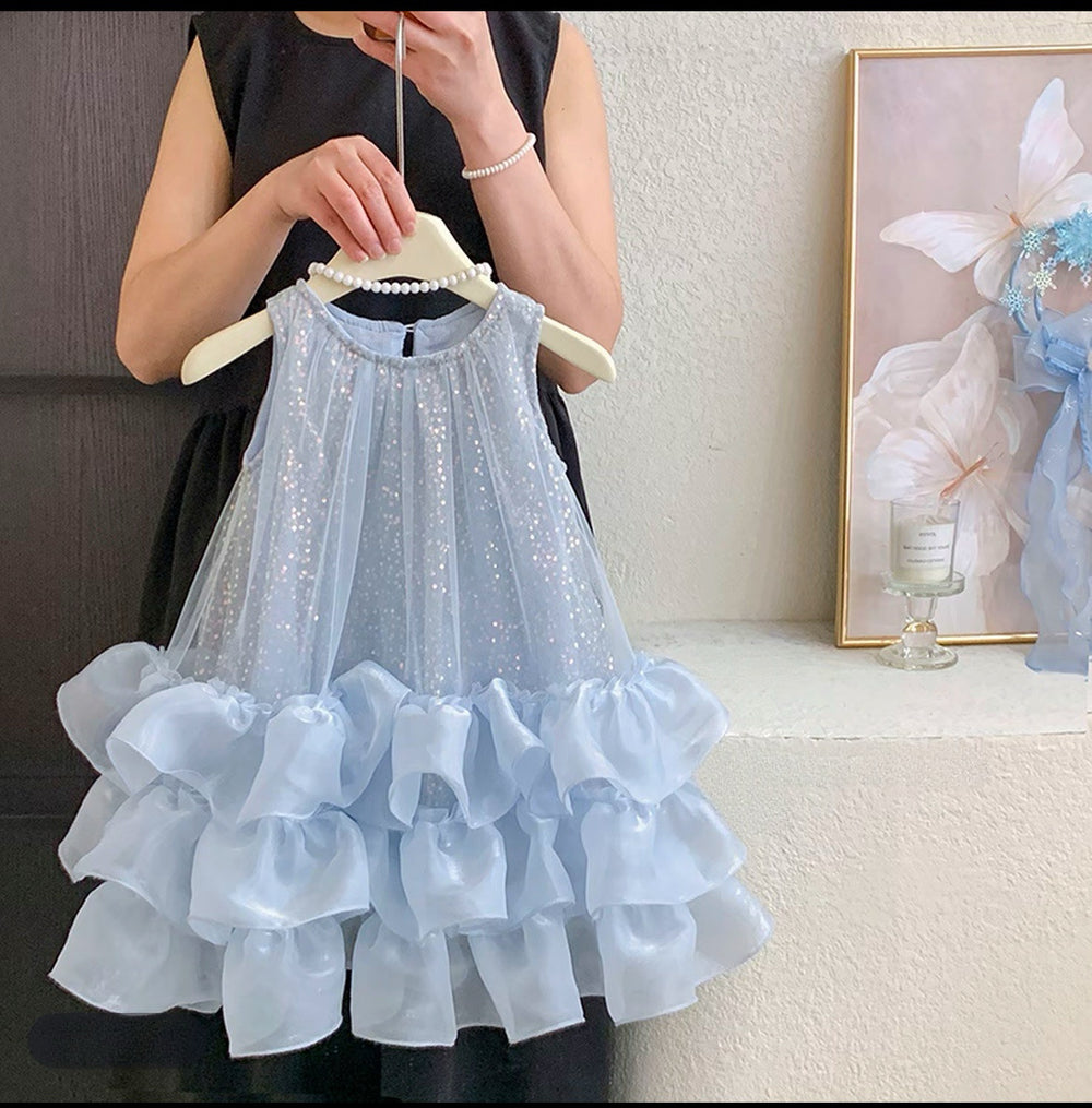 Girls' princess dress summer : stylish mesh sequin birthday dress for baby girls, fairy tale gown