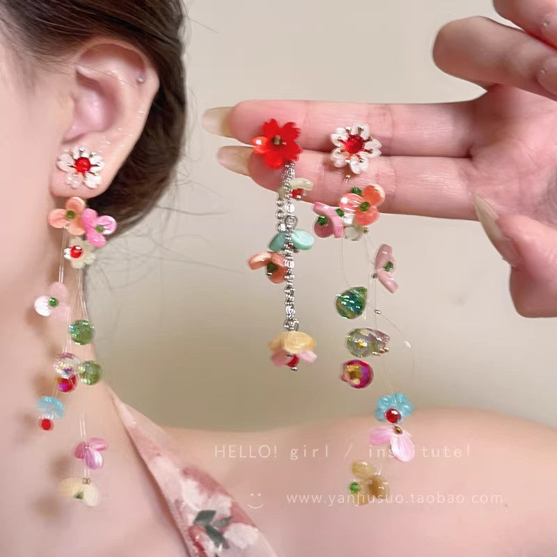 Sakura renewal ~ suitable for spring colorful tassel flower earrings for women, high-end earrings, beautiful dopamine earrings