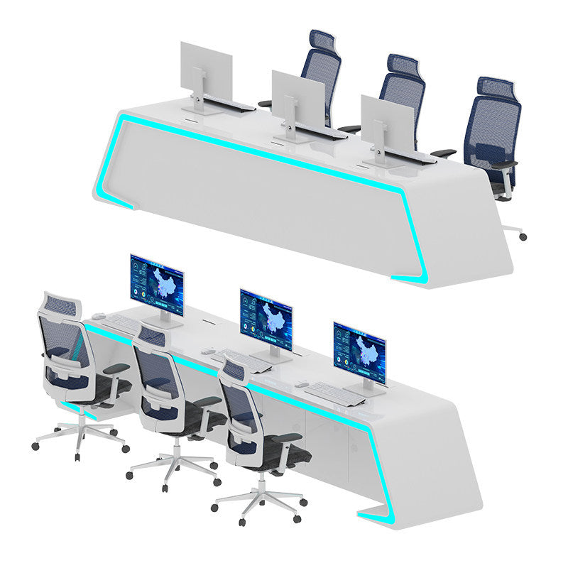 Saint li's futuristic surveillance console, command center curved control desk, central control room monitoring station, and workstation