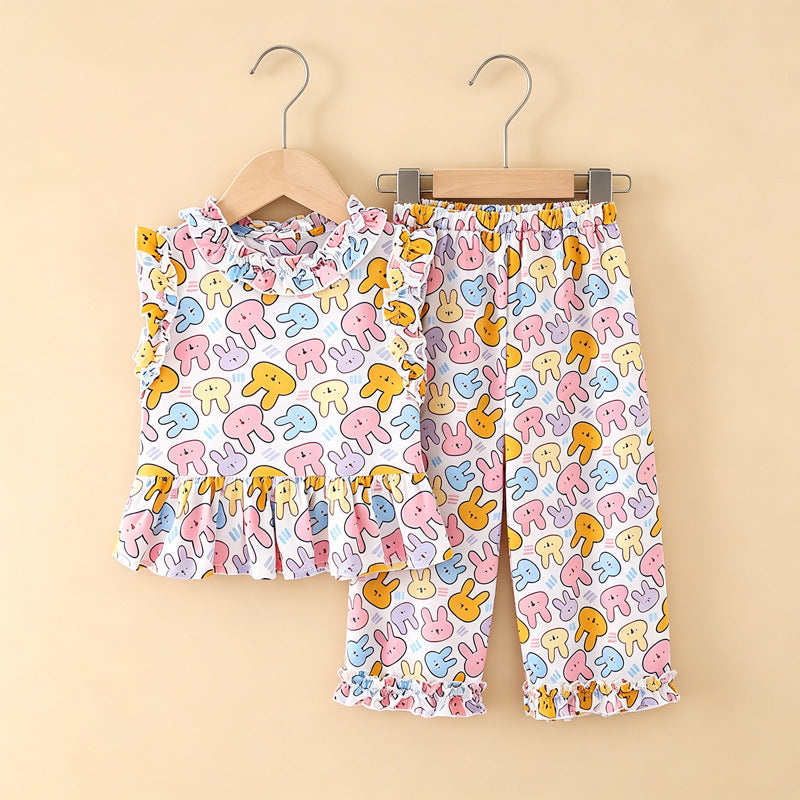 Girls' rayon outerwear set - cartoon print, loungewear, loose fit, breathable, cute summer lightweight lace pajamas