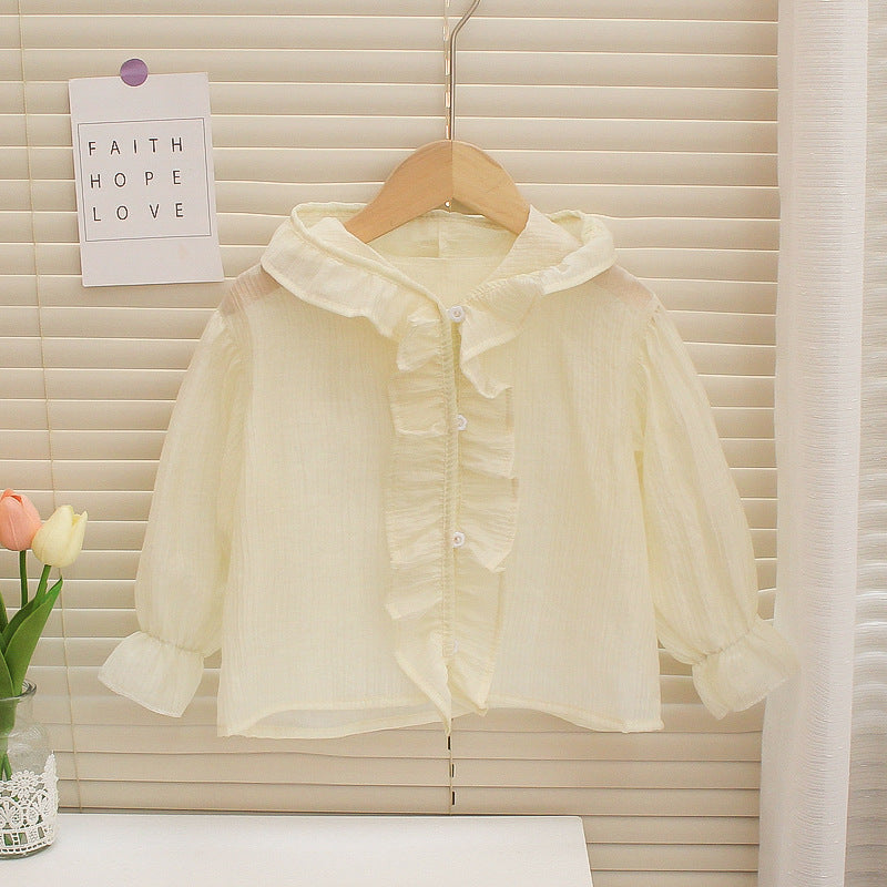 Korean style sun protection clothing for girls, summer : chic and sweet ruffle trim, lightweight and fashionable hooded sun jacket for kids