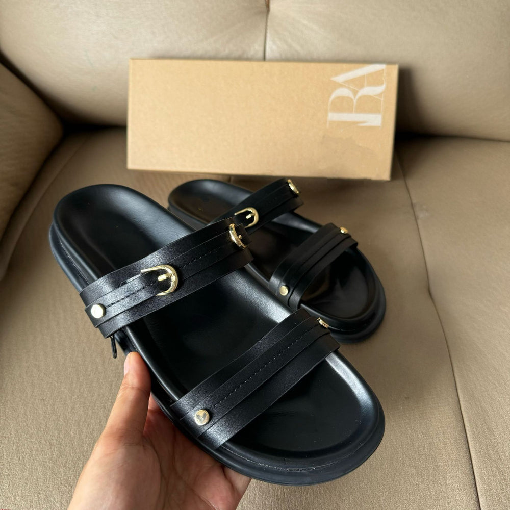 Summernew arrivalretro belt buckle casualthick sole slippers women's outwear genuine leather flats roman sandals
