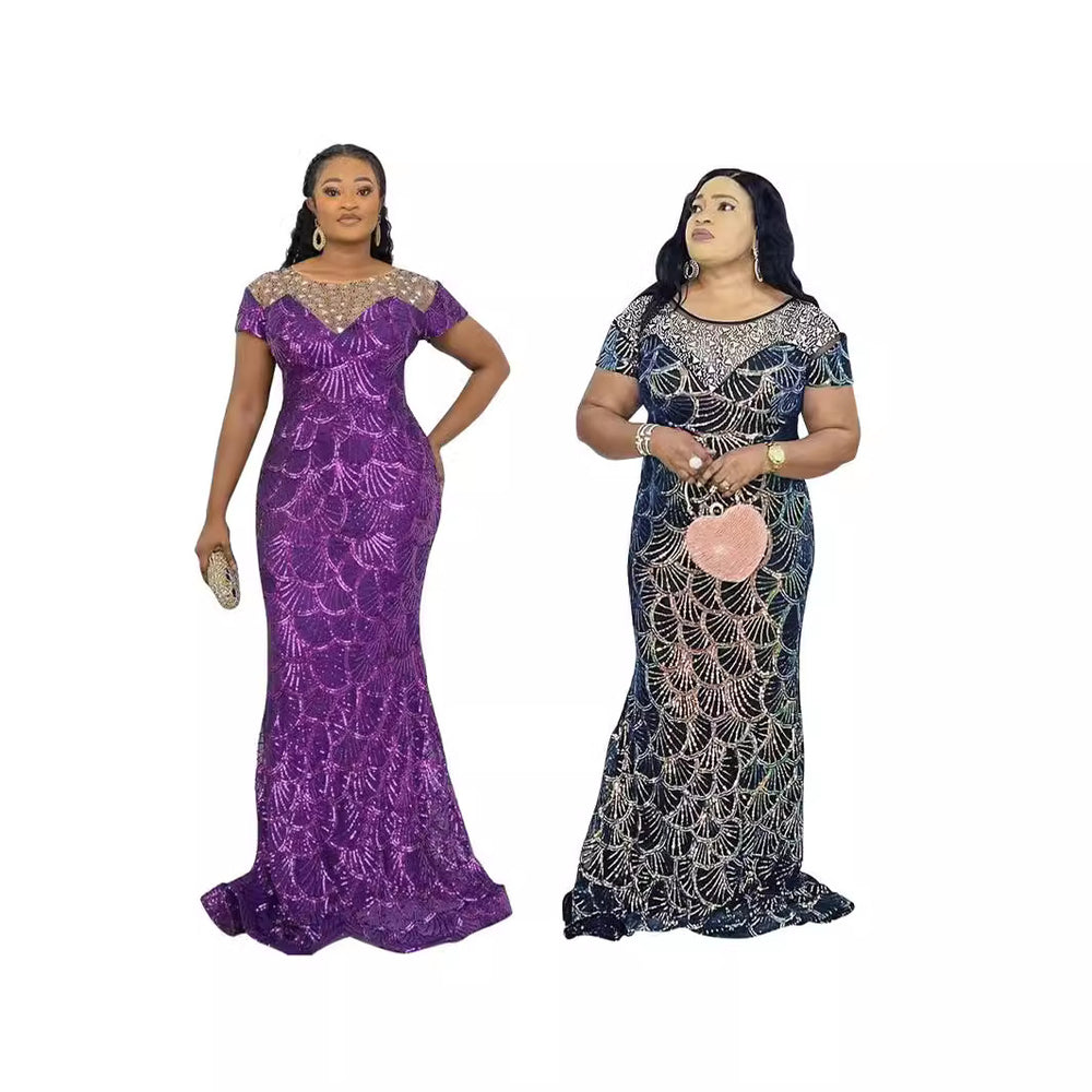e-commerce: african , , round neck, elegant, private label, lace-trimmed, plus-size women's dress