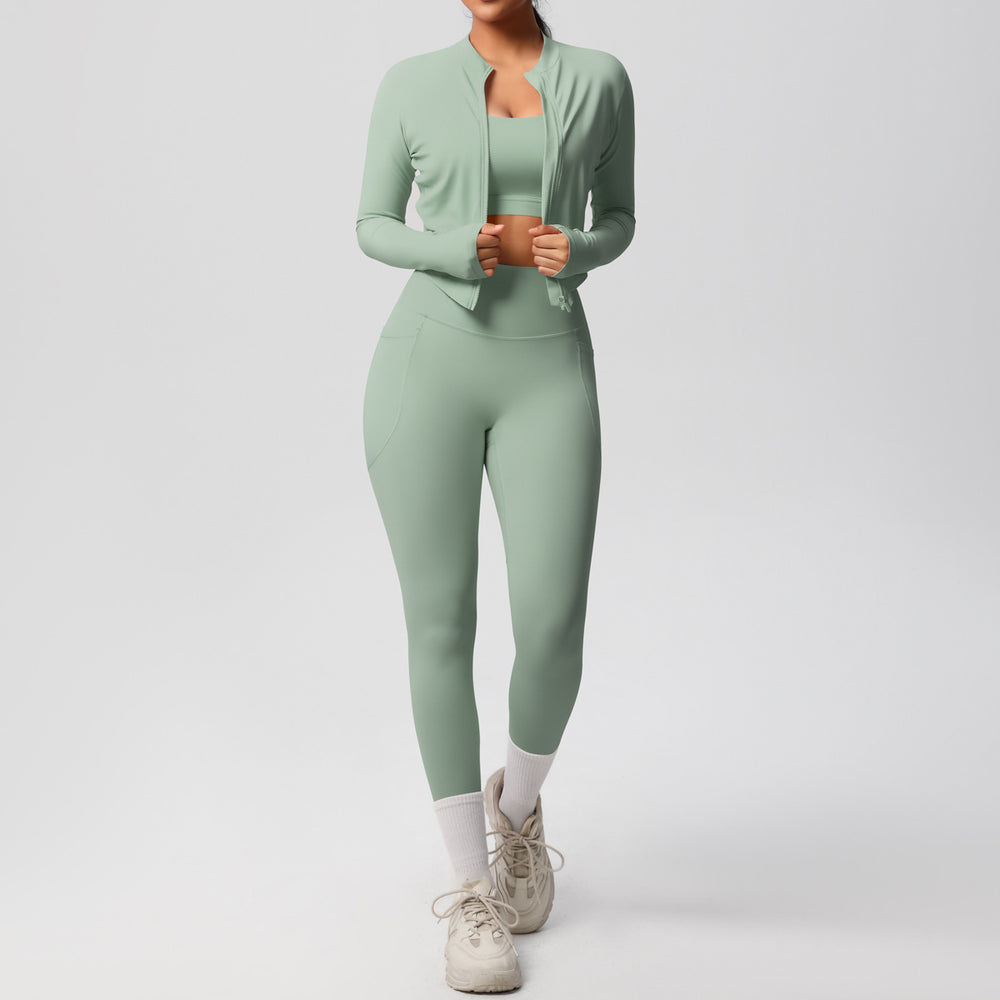 European and american new high-waisted tight-fitting pocket yoga outfit set - quick-dry brushed fabric, outdoor running fitness activewear three-piece set