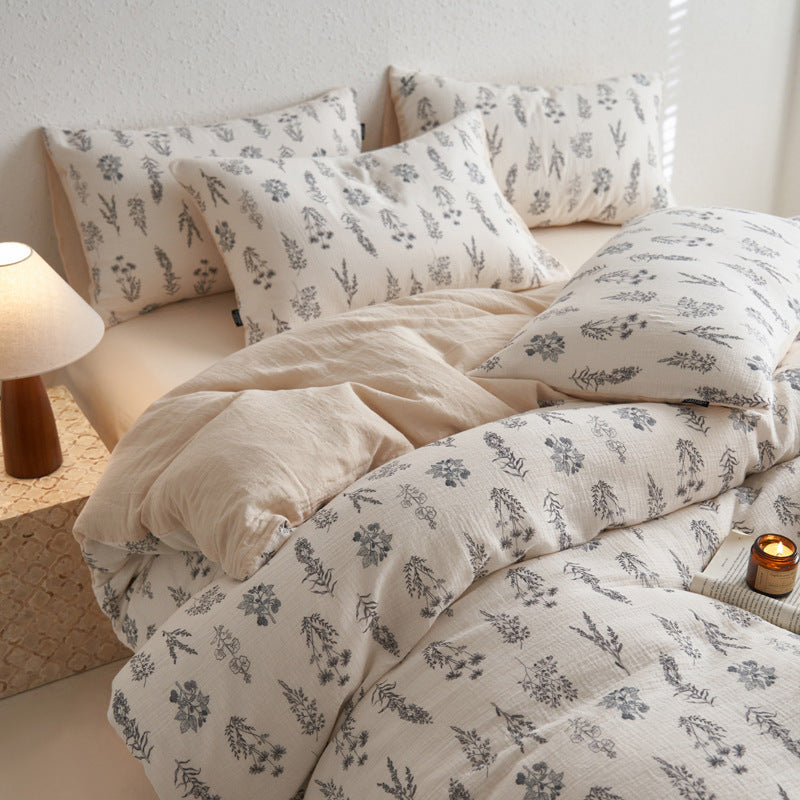 Spring new product Class A cotton three-layer yarn four-piece quilt cover bed sheet pastoral pure cotton dormitory three-piece bedding