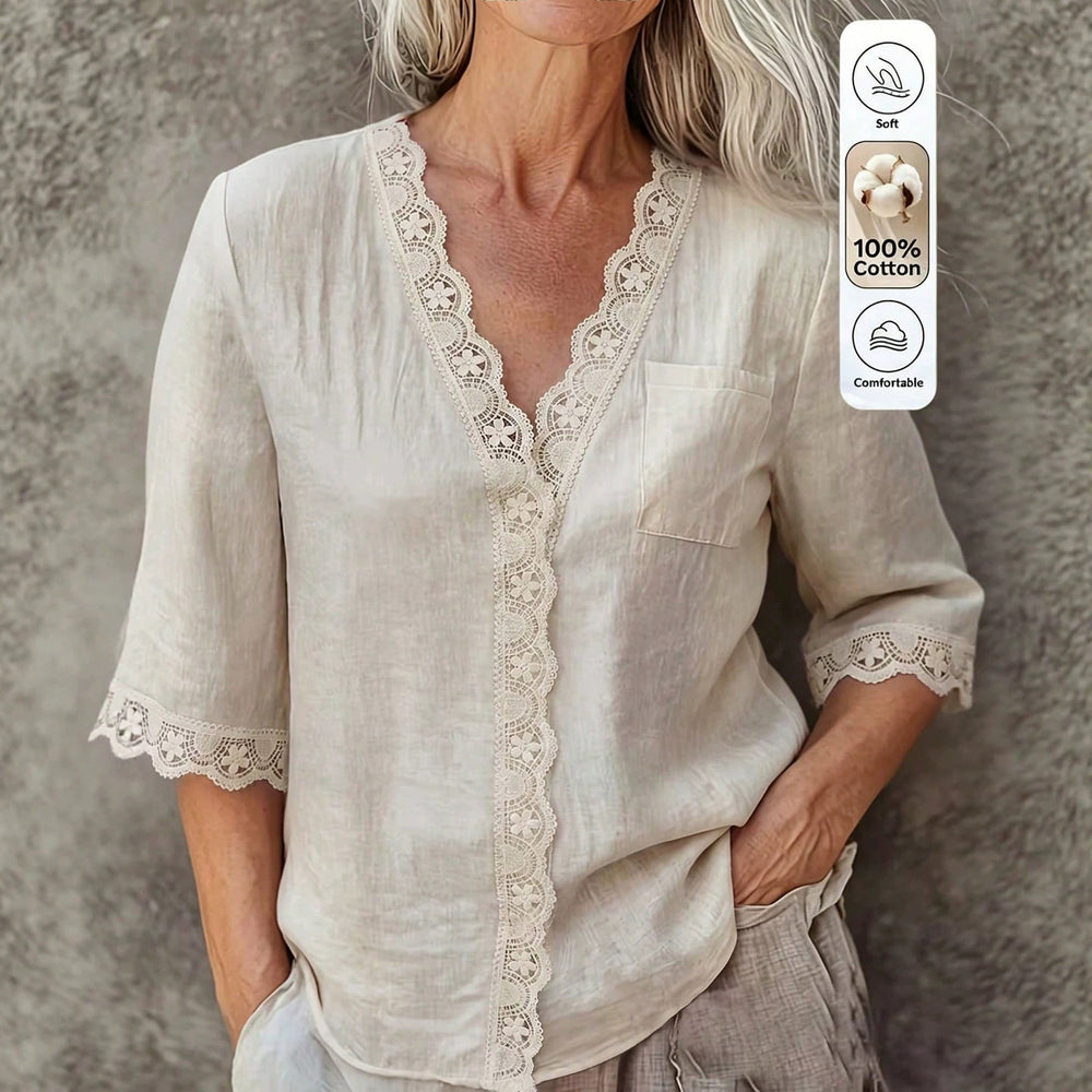 european and american cross-border beige lace patchwork top, v-neck, half-open placket, short-sleeve, loose-fit shirt - wholesale for export