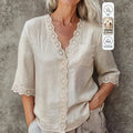 european and american cross-border beige lace patchwork top, v-neck, half-open placket, short-sleeve, loose-fit shirt - wholesale for export