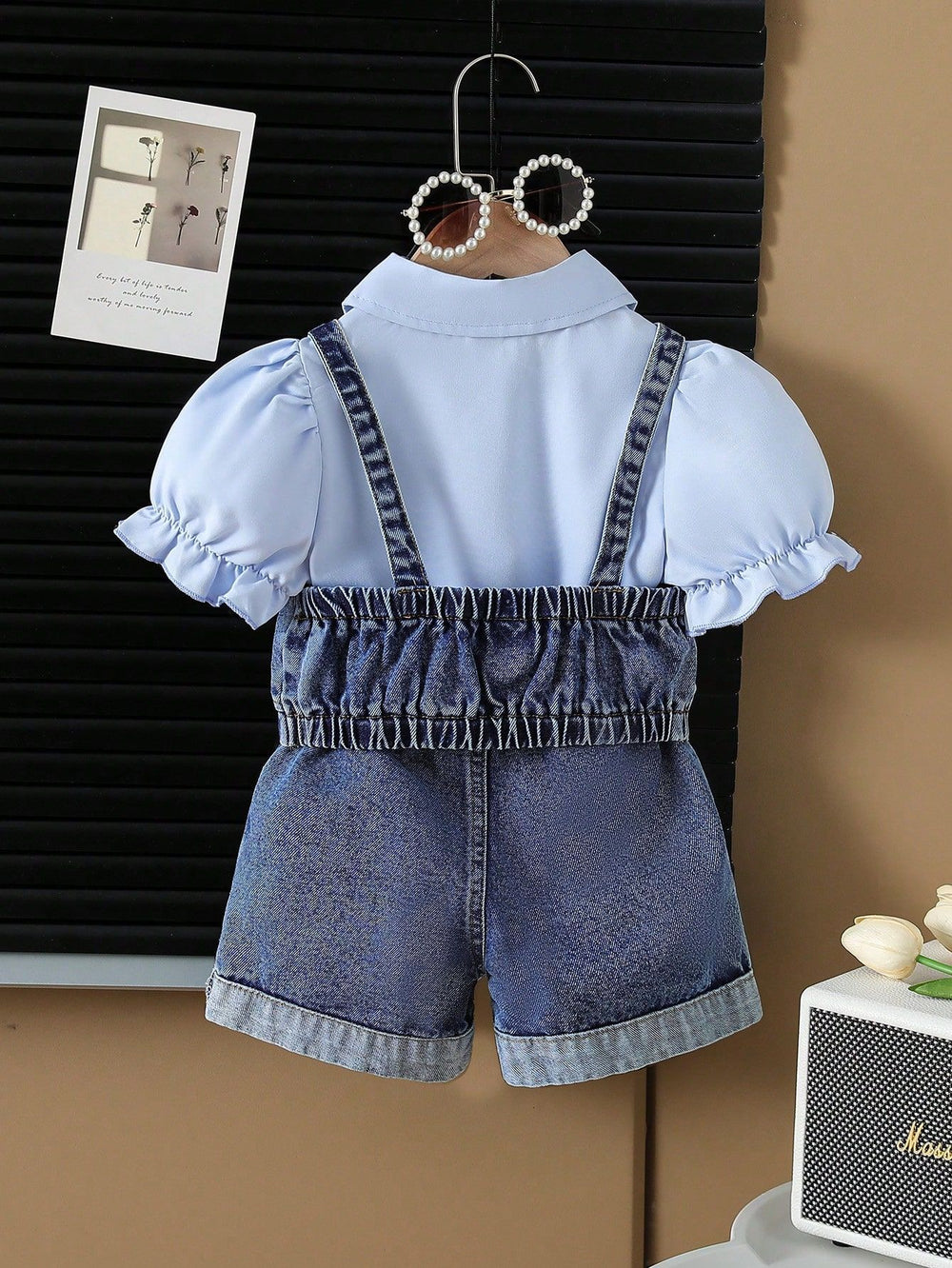 new summer cross-border girls' collared shirt, denim vest, and beaded jeans three-piece set