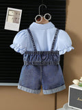new summer cross-border girls' collared shirt, denim vest, and beaded jeans three-piece set