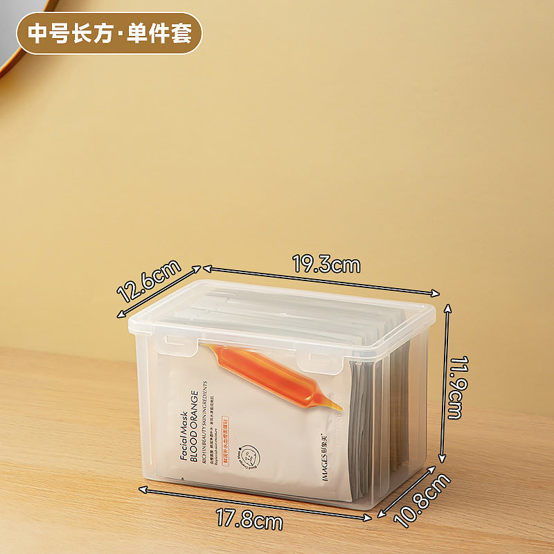Long makeup brush, mask storage box, transparent rectangular box with lid, covered dresser, skin care product storage box.