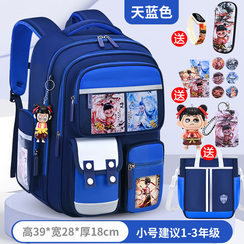 New nezha backpack for boys and girls, grades 1-6: spine protection, lightweight design, and extra-large capacity