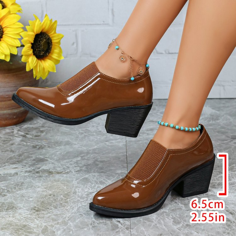 Export patchwork elastic pointed toe women's shoes thick heel deep mouth plus sizeflatsretro medium heel fashion professional small leather shoes
