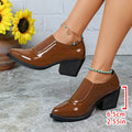 Export patchwork elastic pointed toe women's shoes thick heel deep mouth plus sizeflatsretro medium heel fashion professional small leather shoes