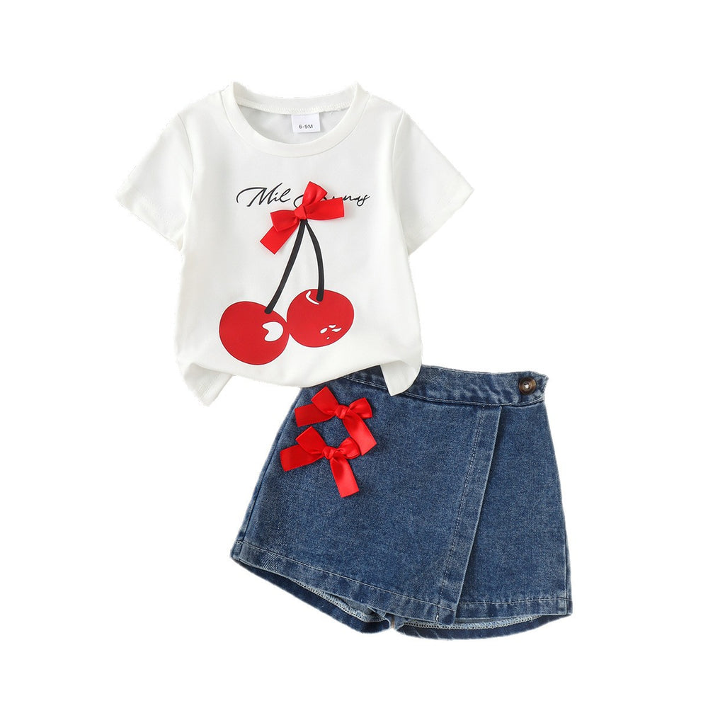 Children's clothing shein cross-border girlsuitwhite short-sleeved t-shirt + blue shorts