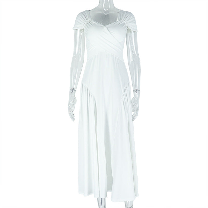 European and american style elegant women's solid color pleated a-line dress v-neck short sleeve slim fit backless maxi dress banquet gown