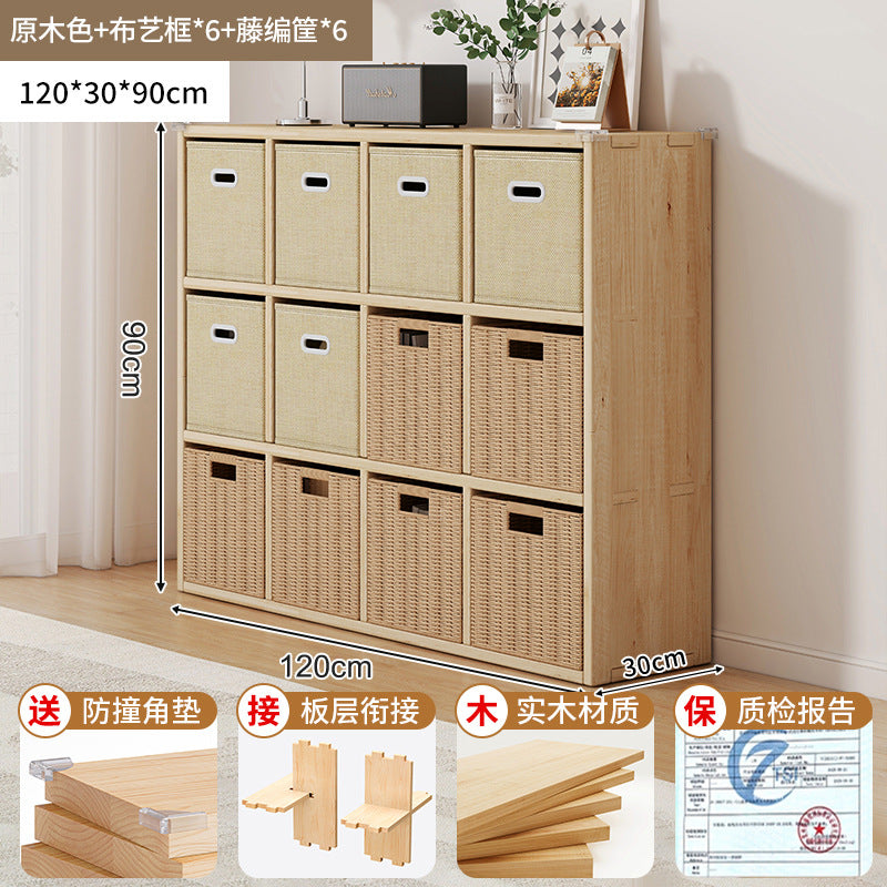 Solid wood bookshelf shelf floor-to-wall combination lattice cabinet living room kindergarten storage low household bookcase