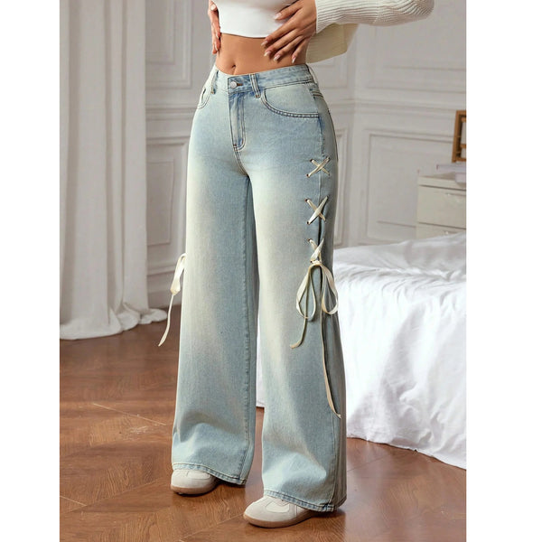 Large size women's clothing, side ribbon straps, straight loose, jeans, washed elastic denim, fashionable and sweet.