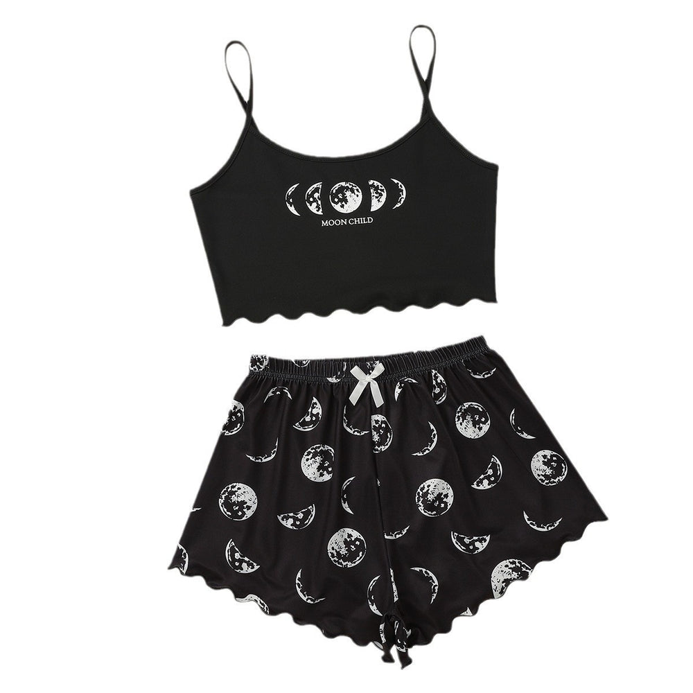 New moon child eclipse letter print cami and shorts two-piece women's loungewear set
