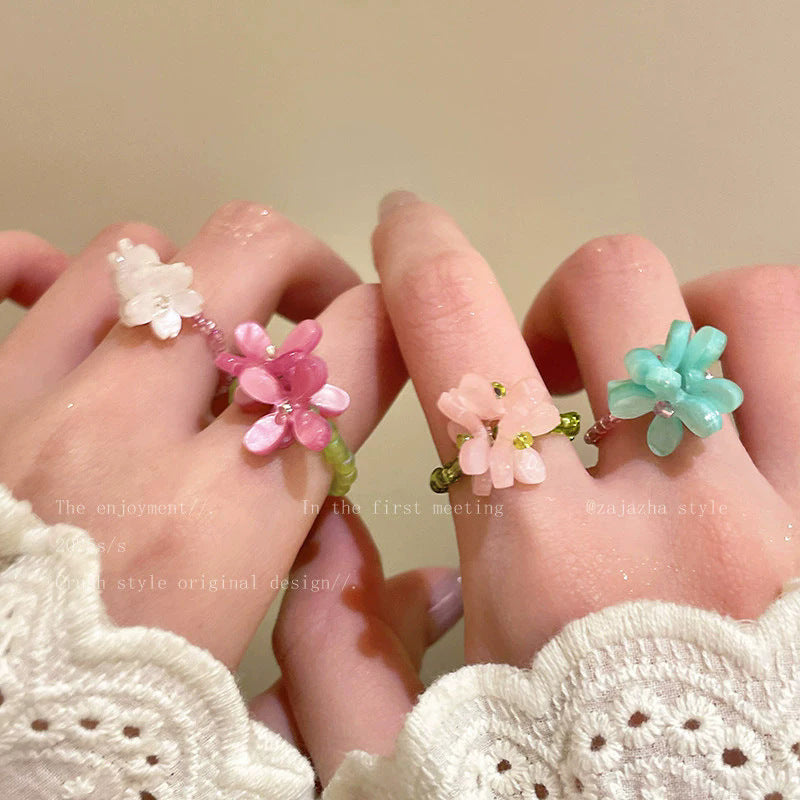 Super fairy french violet flower ring for women niche style design seaside vacation style stacked elastic cord ring bracelet