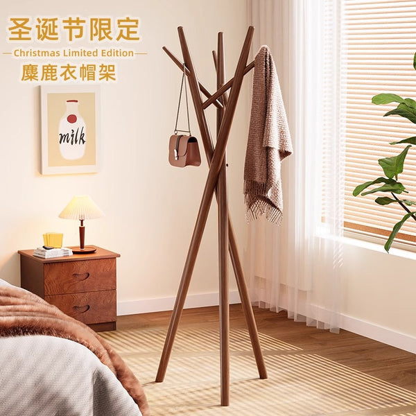 麋鹿实木挂衣架落地卧室设计师款黑胡桃色别墅新居木质立式衣帽架