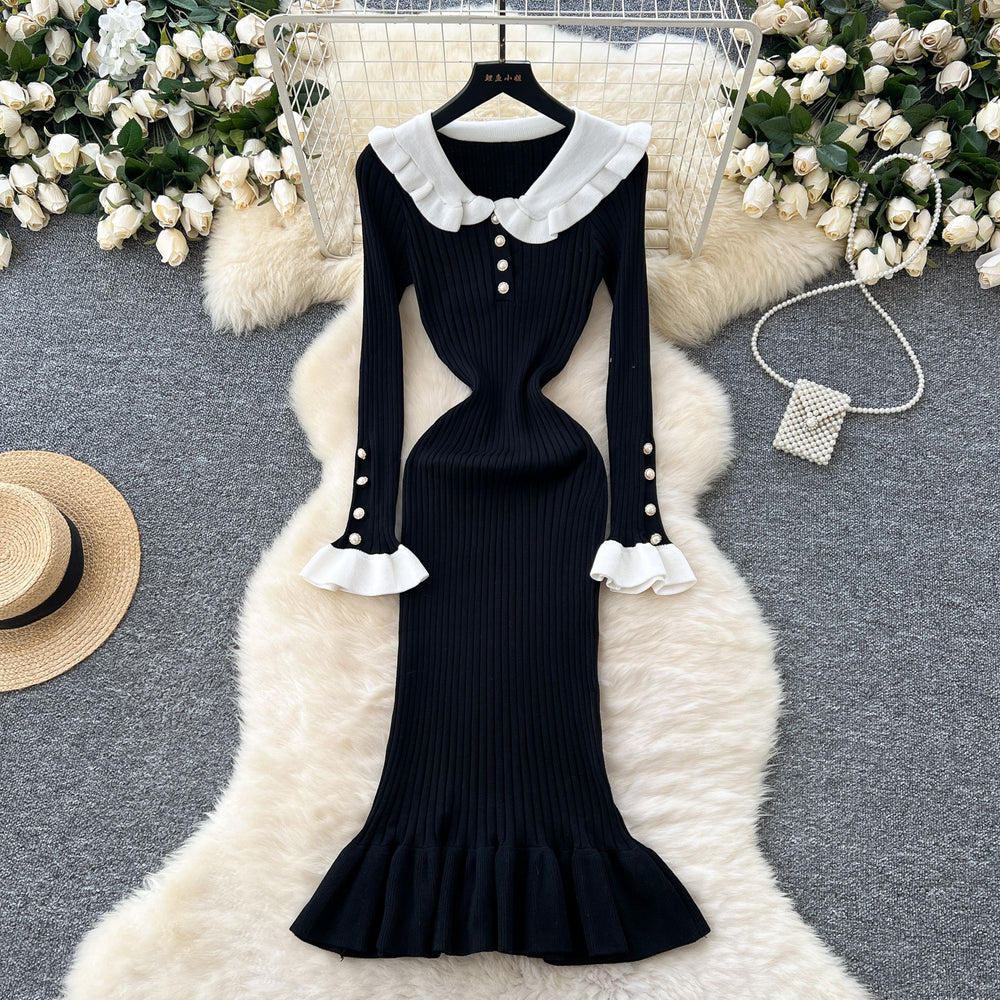 Autumnew arrivalretrocontrast color doll collar waist knittingdress women's elastic silmelegantruffles long skirt