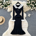 Autumnew arrivalretrocontrast color doll collar waist knittingdress women's elastic silmelegantruffles long skirt
