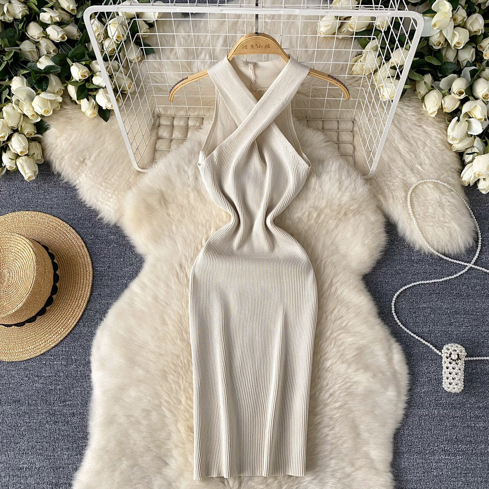 Sense of design cross halter sleeveless dress female elastic tight hip-hugging mid-length skirt summersexyknitting skirt