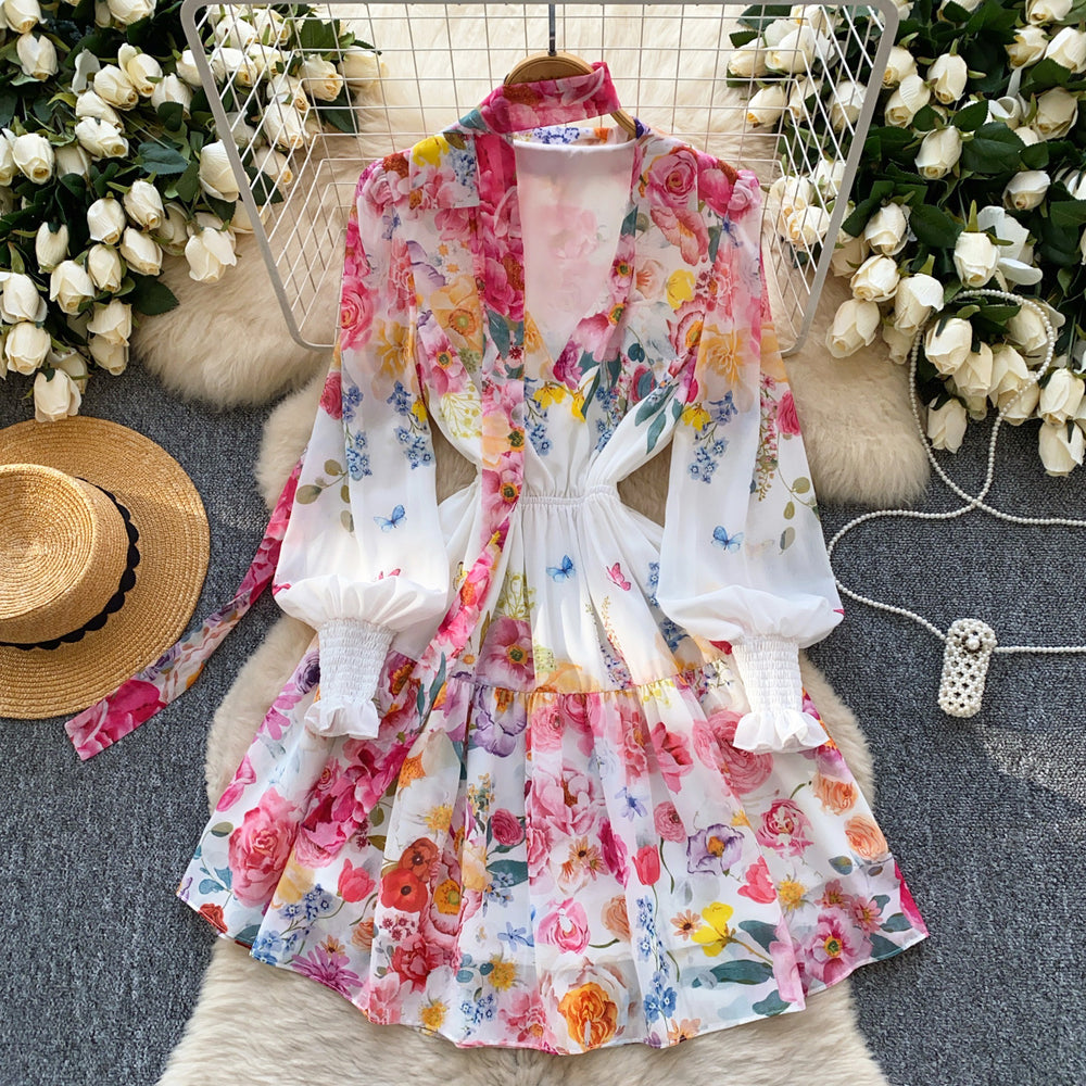 French chic elegant dress for women, spring , high-end deep v-neck, ribbon tie waist, printed ruffle hem mini dress