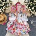 French chic elegant dress for women, spring , high-end deep v-neck, ribbon tie waist, printed ruffle hem mini dress