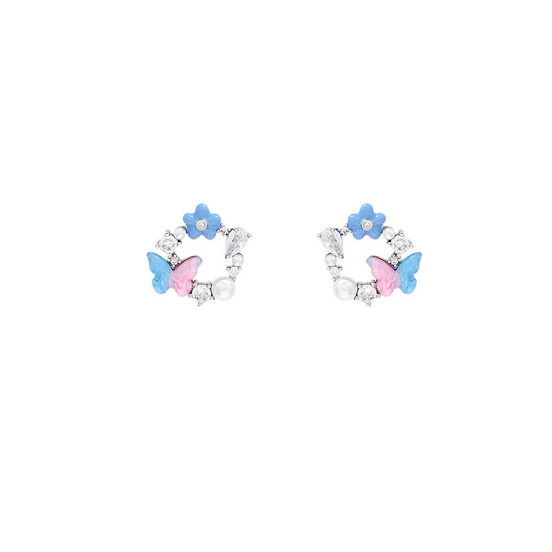 Sweet gradient butterfly flower stud earrings - women's high-end, light luxury design, elegant, fresh, and gentle style earrings