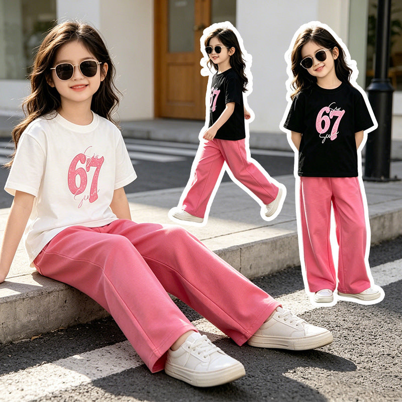 Girls'  summer new arrival: trendy two-piece set - fashionable activewear outfit for girls, featuring a short-sleeve top and casual pants