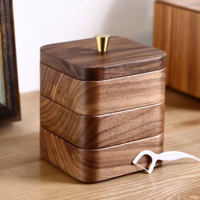 High-end walnut floss storage box multi-layer cotton swab box for home toothpick cotton swab box dust-proof creative solid wood box
