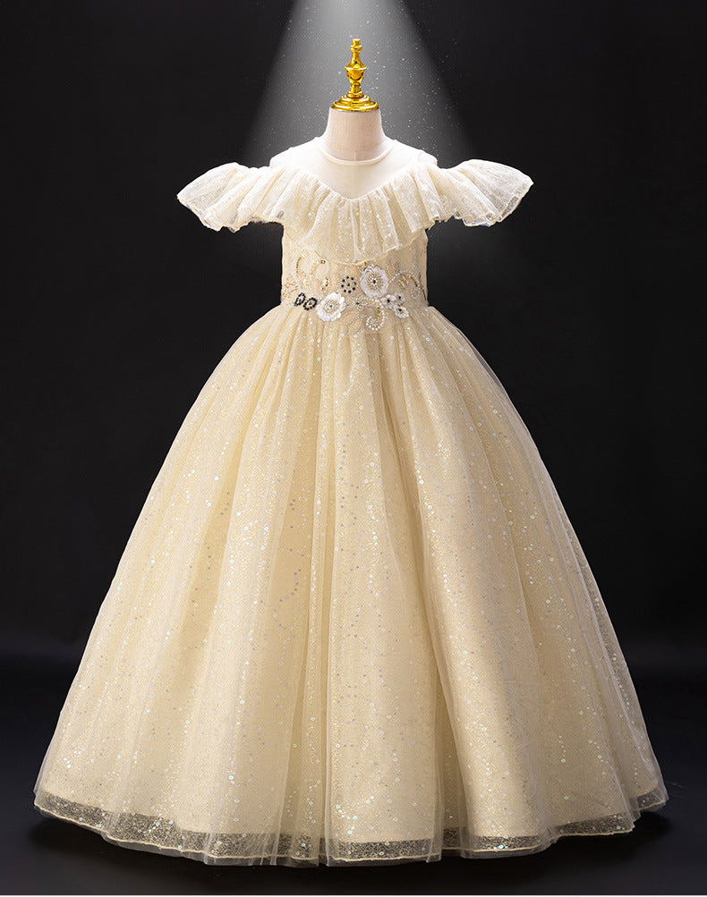 Girls' high-end flower girl dresses, wedding gowns, runway show, little girl host performance, long sequined dresses, foreign trade cross-border