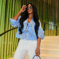 European and american women's clothing  autumn new sweet and fresh striped stand collar lantern sleeve blouse top