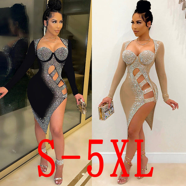 VK2123 with diamonds, long sleeves, dresses, nightclub clothes.