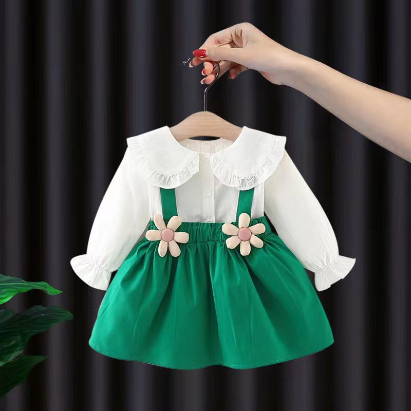 New autumn collection: girls' white blouse + suspender skirt two-piece set - little girl's long-sleeve dress outfit