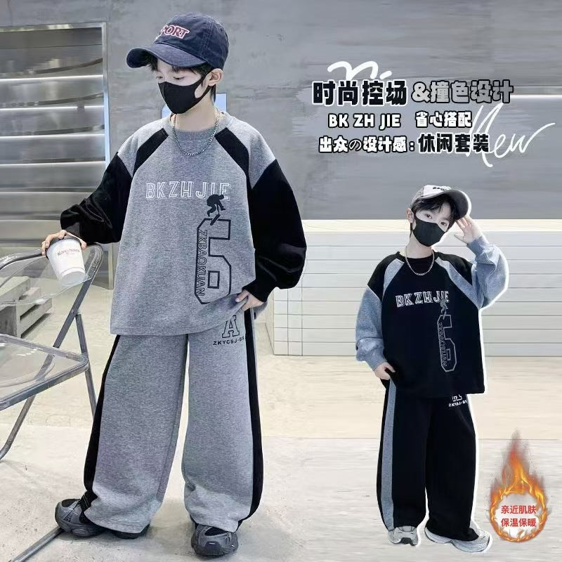 Autumn/winter kids' fashion color block loose fit casual set  boys' fleece-lined crewneck sweatshirt and sweatpants two-piece outfit