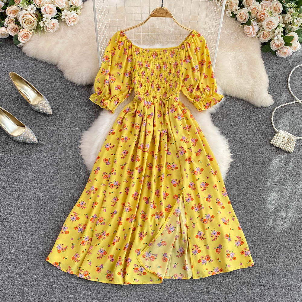 2024 summer new french chic sweet square neck puff sleeve a-line dress with cinched waist and slit – slimming and flattering