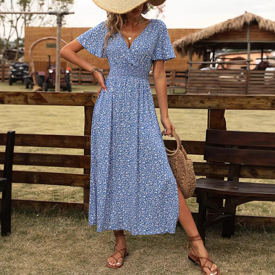 european and american cross-border hot seller:  summer new arrival - digital print short sleeve v-neck casual printed dress