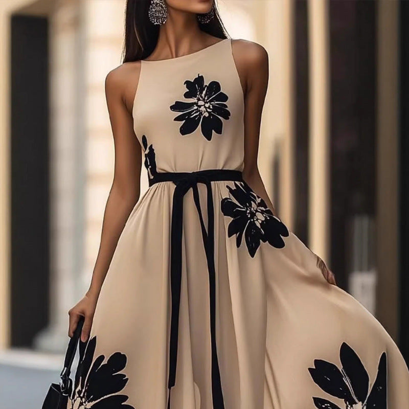 Amazon european style elegant floral print round neck long sleeveless dress - new summer collection