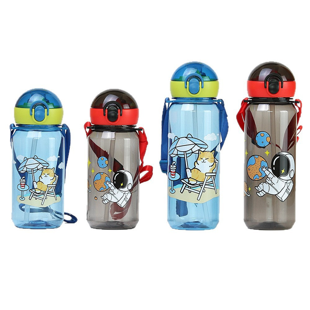 Factory customized cute cartoon kids straw cup pop-up lid plastic water bottle kindergarten strap water bottle portable water bottle