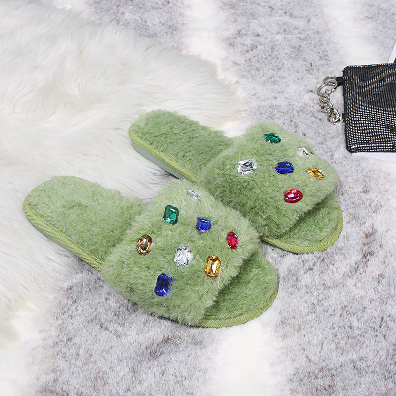 Exportplus size fur slippers 24 years fashion rhinestone women's slippers independent station fur slippers in stock wholesale