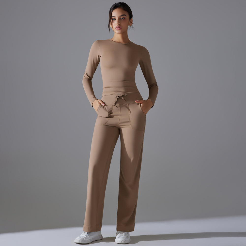 double-sided nylon pure colorlonglong sleeves yoga suit suithigh waist wide leg sports running fitness two-piece set