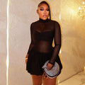 European and american style ins cross-border women's clothing pleated fashion slightly see-through stylish a-line skirt pure color stand collar long sleevesshortdress