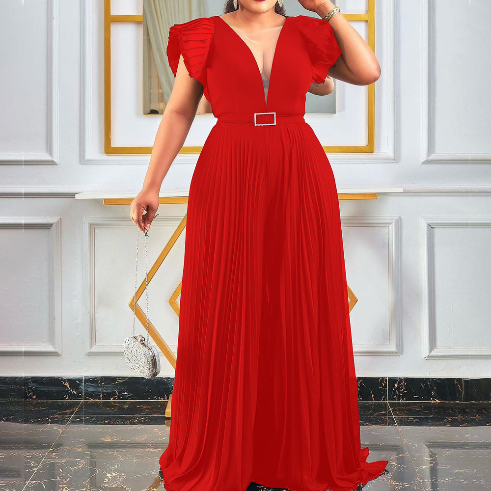 C8452 in stock  summer new  foreign trade plus size women's mesh patchwork pleated cross-border jumpsuit