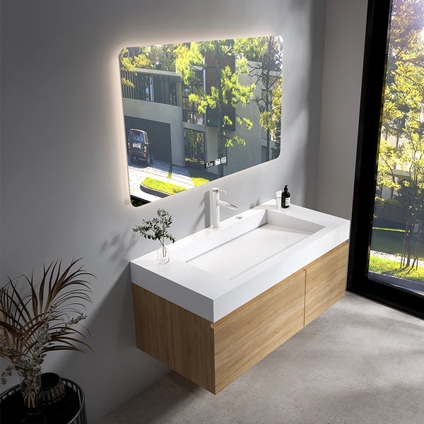 [Customized] Log-colored rock slab integrated basin hidden launching bathroom cabinet smart mirror cabinet washbasin cabinet