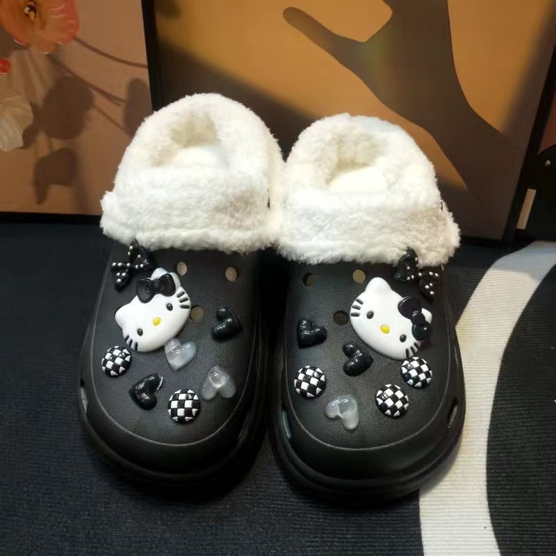 Croc shoes winterfleece-lined women's cotton slippers thick soleeasiest for matchnon-slip student dormitory heattechoutwearcouplecute slippers
